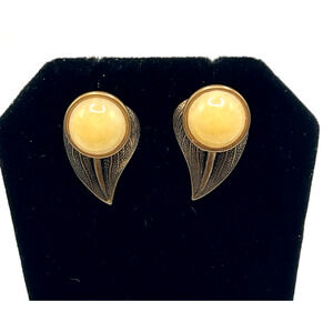 Signed Jan Michaels San Francisco Yellow Jade Feather Earrings Silver Plated WOW